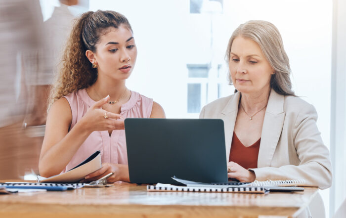 Two women in business; mentoring and mentee, looking at a computer and collaborating