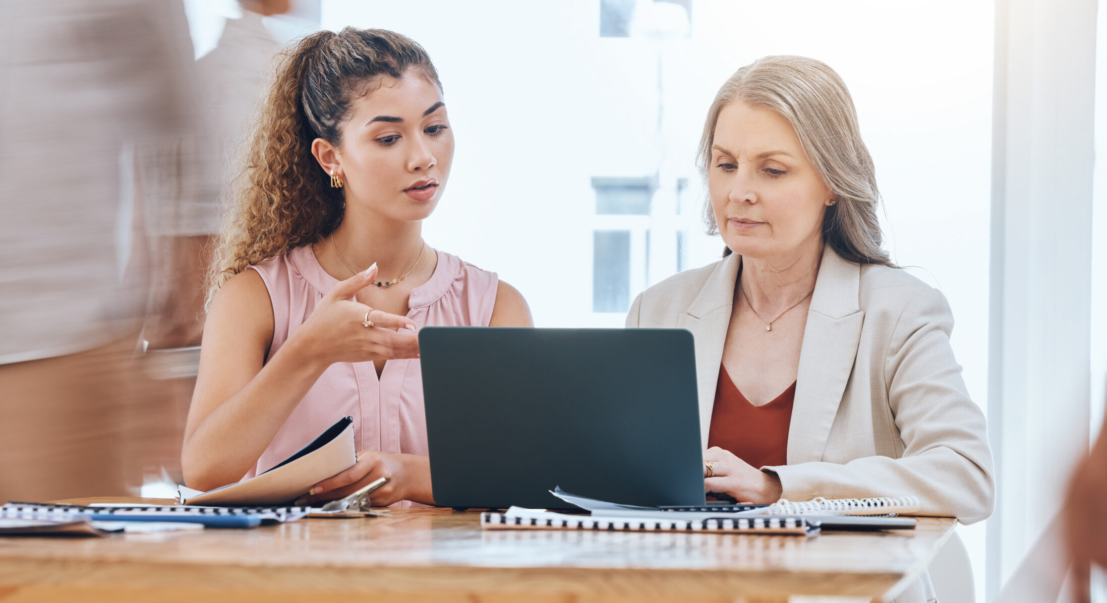 Two women in business; mentoring and mentee, looking at a computer and collaborating